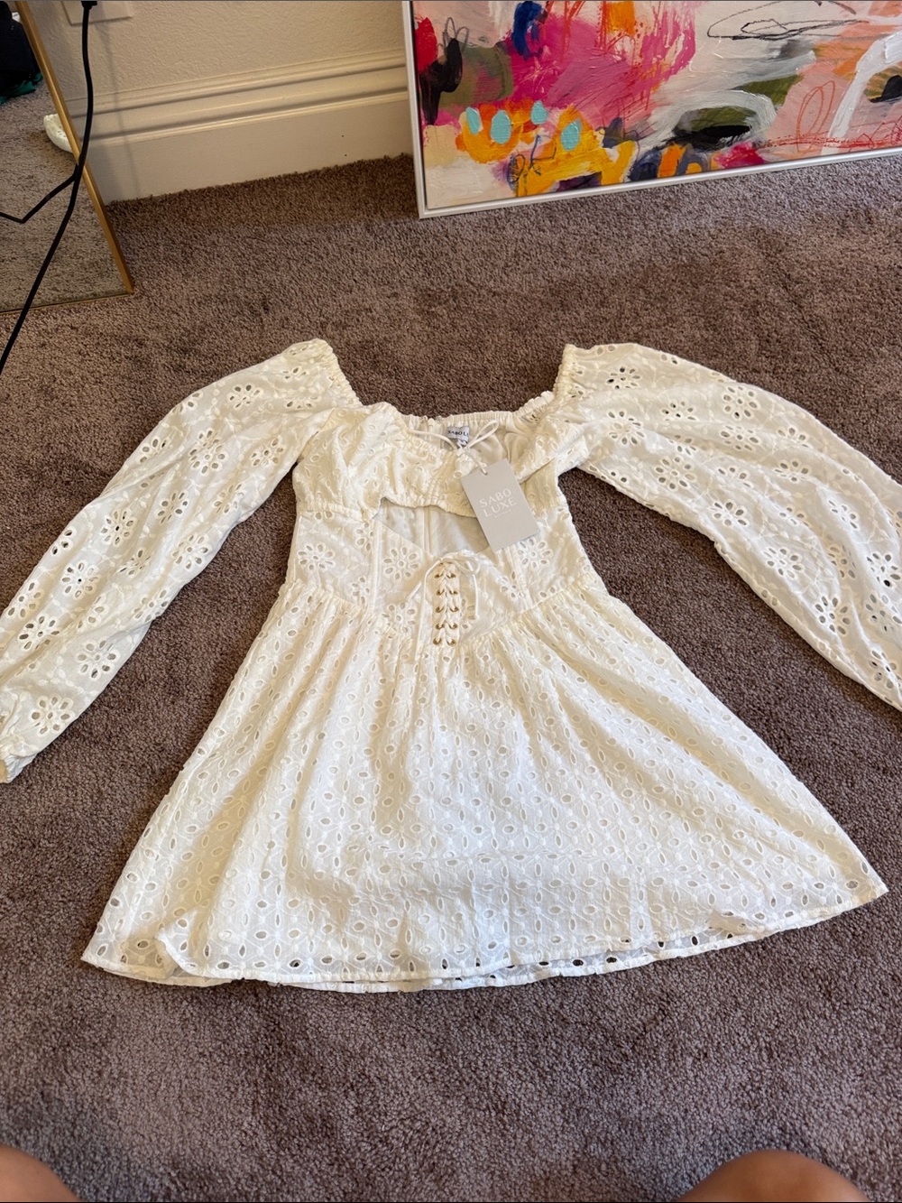 NWT SABO LUXE White Lace-Up Long Sleeve mini Dress